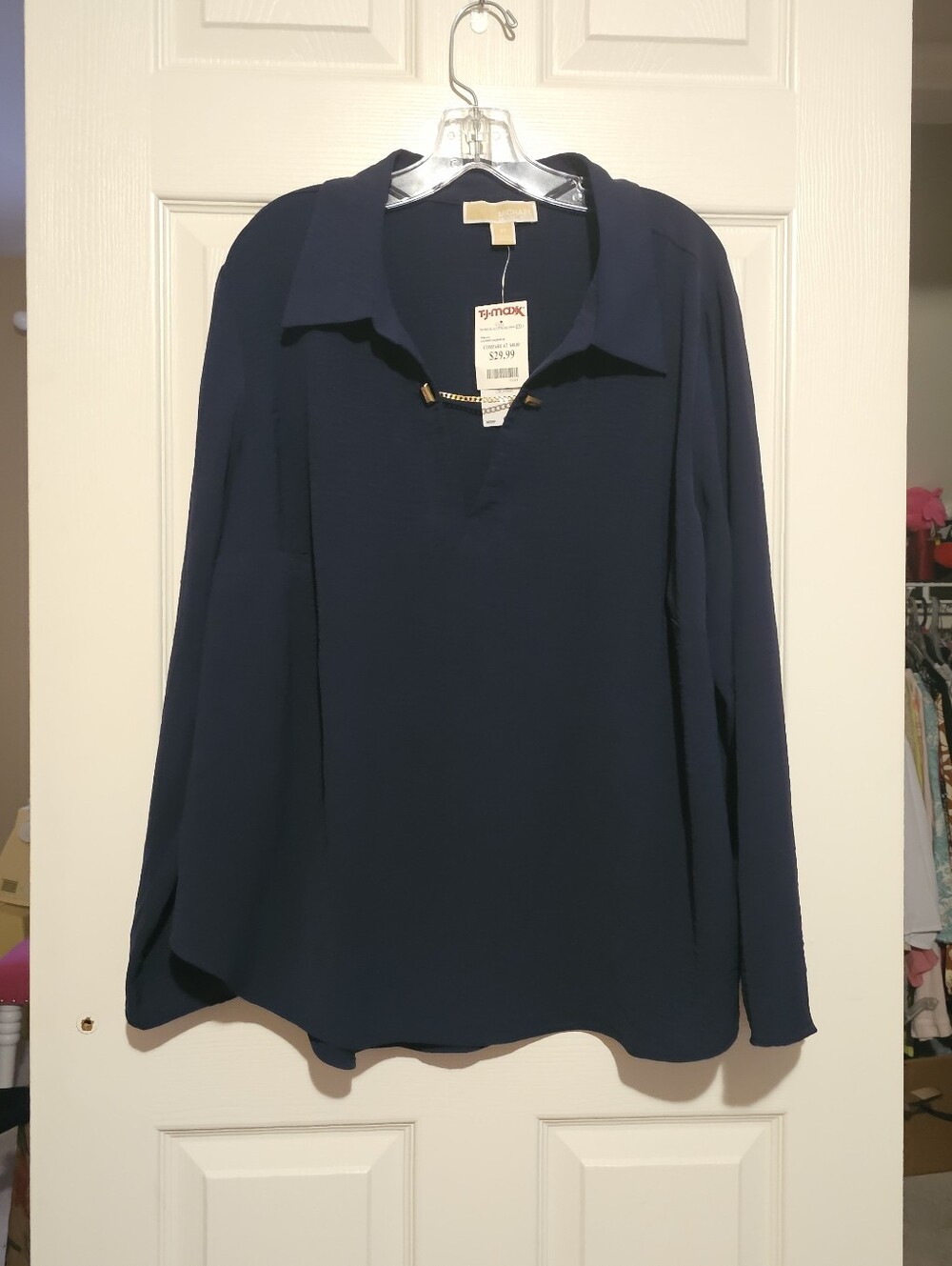Michael Kors Navy Long-Sleeve Collared Tunic with Gold Accent NWT Sz 2X